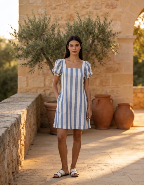 Vestido Curto Listrado Azul